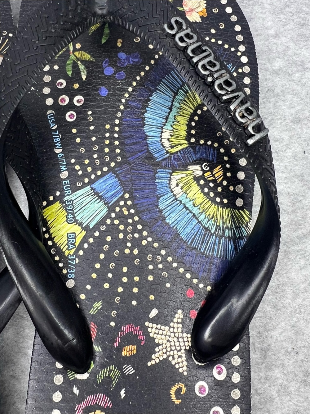 Farm Rio Black Multi Sandal in Black Havaianas Thong Flip Flops Women’s Size 7/8 - Picture 7 of 16